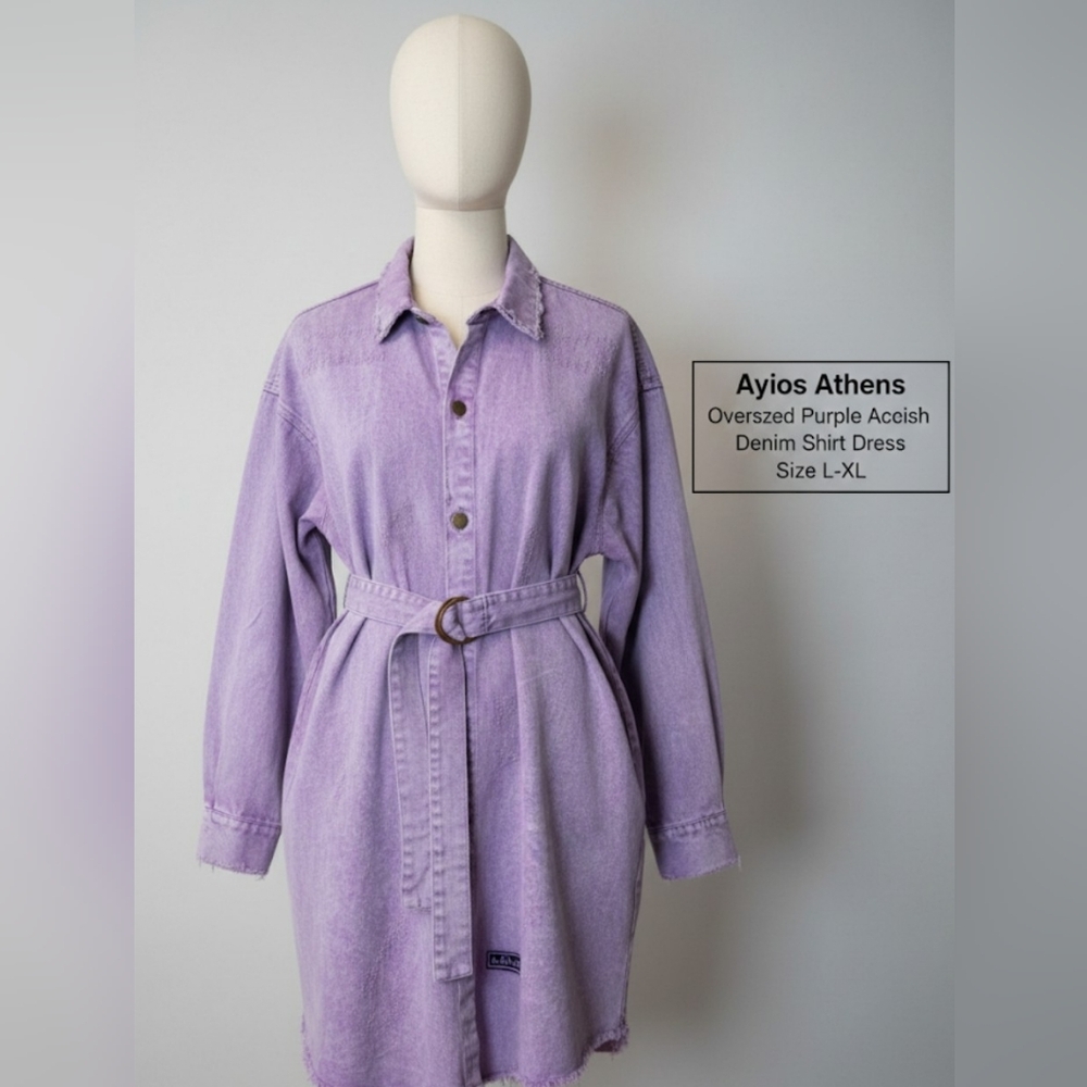 Ayios Athens Oversized Purple Acid Wash Denim Shirt Dress Size L-XL